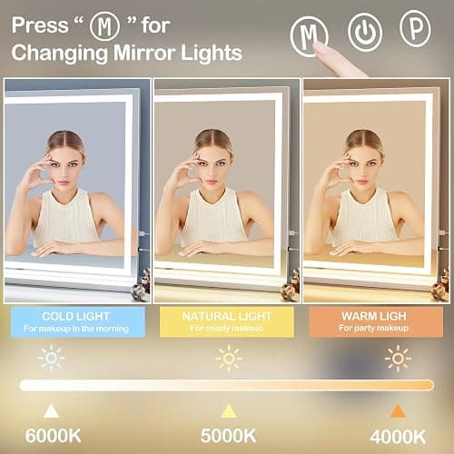 Gvnkvn Makeup Vanity Mirror 24" x 19" Large LED Makeup Mirror, Desk Mirorr with Lights, Light up Mirror with 10X Magnification and, Dimmable 3 Modes, Touch Control White thumbnail 5