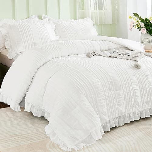 WONGS BEDDING White Queen Comforter Set,Boho Ruffle Comforter for Queen Bed,Soft Seersucker Shabby Chic Bedding Set with 1 Comforter,2 Tufted Pillowcases 90"×90" thumbnail 2