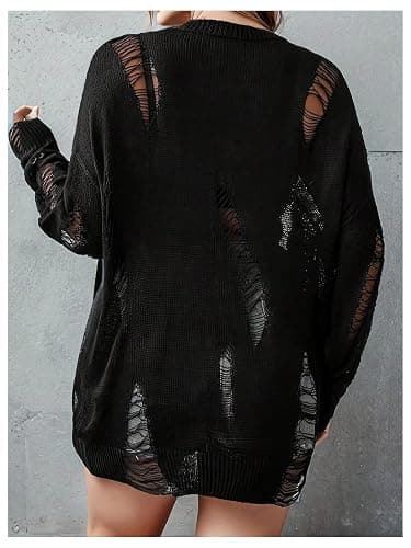 SHENHE Women's Plus Size Ripped Hollow Out Oversized Baggy Punk Sweaters | All Over Ripped Hollow Knit Design, Oversized Loose Fit, Match Shorts Boots for Street Concert Wear thumbnail 2