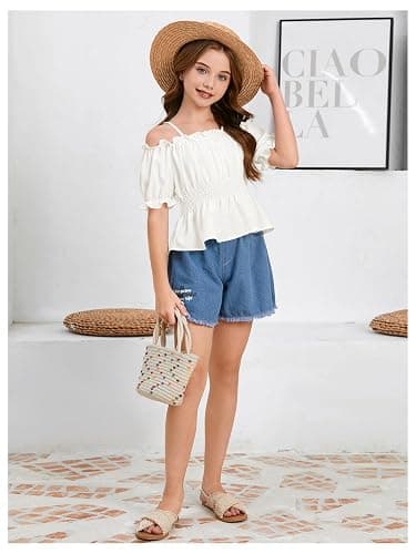 WDIRARA Girls Cold Shoulder Top Cute Ruffle Trim Puff Sleeve Shirt Casual School Holiday Peplum Blouse thumbnail 6