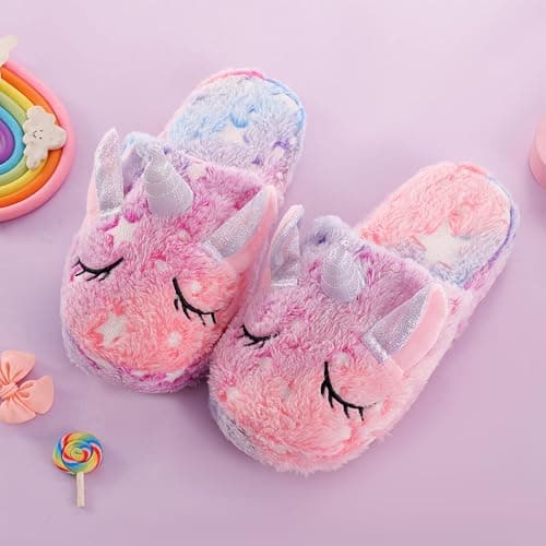 HIBCIGA Kids Fuzzy Slippers for Girls Boys Unicorn Glow in the Dark Plush Fleece Warm Indoor Shoes thumbnail 2