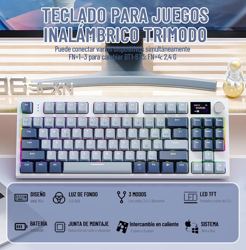 ATTACK SHARK Teclado Mecánico Español K86, RGB Teclado Inalámbrico con Led Pantalla, USB-C/2.4ghz/Bluetooth 3 Modes Hot-Swap Teclado Gamer, Gasket Teclado Interruptores Lineales - Azul thumbnail 2