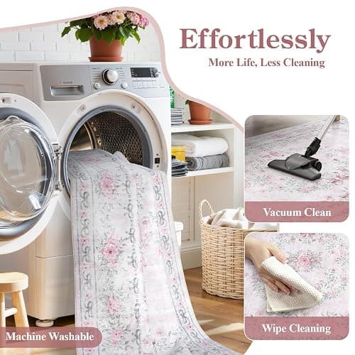 Wonnitar Floral Bow Pink Rug for Bedroom, Washable 5x7 Area Rug for Girls Nursery, Ultra-Thin Non Slip Soft Boho Carpet for Kids Room Dorm Living Room, Light Pink thumbnail 6