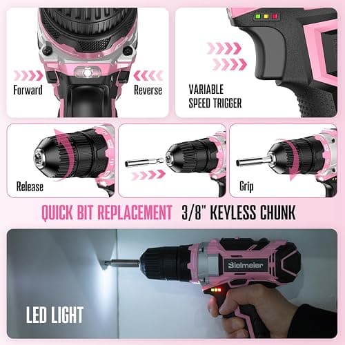Bielmeier 20V 236Pcs Cordless Pink Drill Set for Women, Lady’s Essential Home Tool Kit with Pink Bag, Perfect DIY Electric Screwdriver Set for Home Repair & Gifts thumbnail 4
