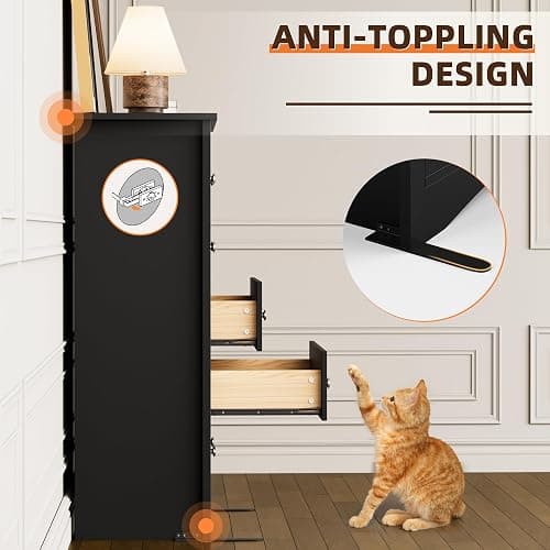 Flamaker Tall Dresser for Bedroom, 5 Drawer Dresser, Wood Dressers, Wide Chest of Drawer, Storage Drawers, Storage Organizer for Closet, Hallway (Black) thumbnail 4