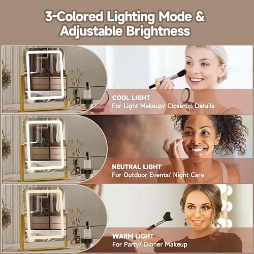 PRIMETEK Vanity Mirror with Lights, 16"x14" Large LED Lighted Makeup Mirror, Hollywood Makeup Mirror, Touch Screen, 3-Color Lighting, 5X Magnification, for Vanity Desk Tabletop, Bedroom, Gold thumbnail 3