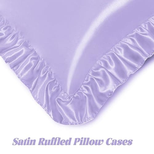 Homiest Ruffled Satin Sheets Queen Size 6pc Set, Lavender Purple Silk-Like | Silky Smooth With Pearlescent Finish, 15-Inch Deep Pocket With Ruffled Pillowcases, Gentle On Hair And Skin, Anti-Pilling thumbnail 5