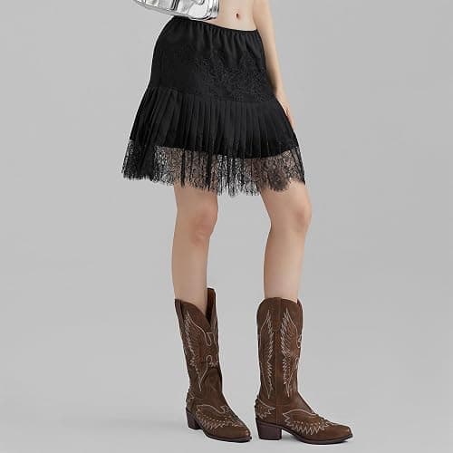 Women Y2K Black White Lace Mini Skirt Low Rise Half Slip Underskirt Ruffle Pleated Layered Flowy Short Skirts thumbnail 5