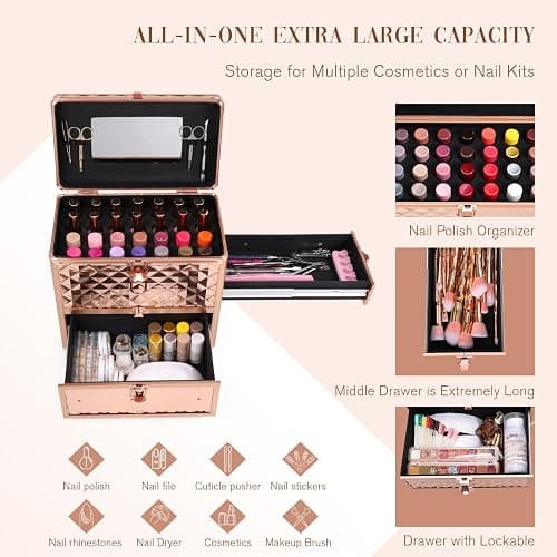 Makeup Train Case Professional Makeup Organizer Case with Drawer Mirror Extra Large Makeup Manicure Accessory with Dividers Travel Cosmetic Case for Cosmetologist Nail Tech Kits Makeup Case Rose Gold thumbnail 4