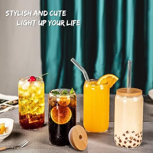 SENTVEND 16 Oz Drinking Glasses with Bamboo Lids and Glass Straw - 8 Pcs Glass Cups Beer Ice Coffee Glasses Cute Aesthetic Cup Great for Coffee Bar Accessories Include 2 Cleaning Brushes thumbnail 2