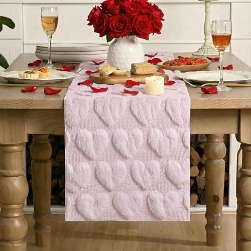 Artoid Mode Pink Soft Plush Faux Fur Jacquard Love Heart Valentine's Table Runner, Kitchen Dining Table Decoration for Home Party Decor 13x72 Inch thumbnail 2