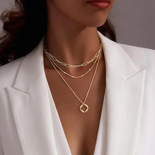 Poxtex Layered Gold Necklaces for Women, Stackable Dainty 14K Gold Silver Plated Trendy Simple Heart Diamond Cross Bow Circle Pendant Paperclip Choker Dot Chain Necklace,Jewelry Set Gifts for Women thumbnail 3