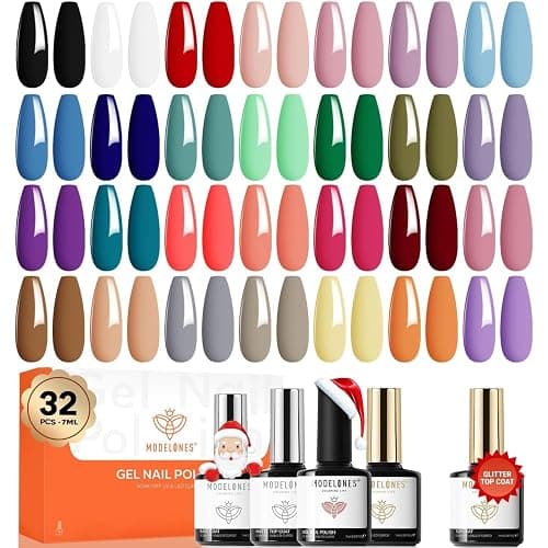 Modelones 32 PCS Gel Nail Polish Kit, 28 Colors Spring Summer Gel Polish with Base Coat, Glossy & Glitter & Matte Top Coat Black White Brown Red Purple Nail Gifts for Women DIY Salon Home - Image 1