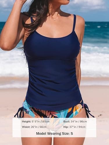 CUPSHE Women's Tankini Sets Two Piece Swimsuit Scoop Neck Ruched Adjustable Straps Drawstring Mid Rise thumbnail 5