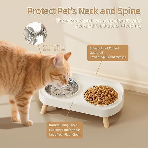 Elevated Cat Bowl, Raised Cat Food and Water Bowl Set for Indoor Cats, Splash Proof with 2 Stainless Steel Pet Food Bowls for Cats and Puppies, Whisker Fatigue and Dishwasher Safe - White thumbnail 3