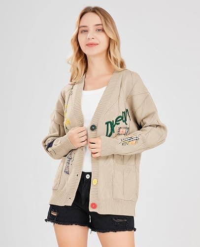 Women's Cable Knit Long Sleeve Open Front Cardigan Sheep V-Neck Button Down Embroidery Wool Blend Sweater Coat Outwear thumbnail 4