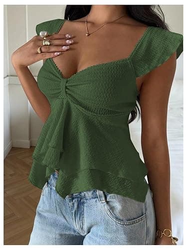 RoseSeek Women's Flowy Going Out Tank Top Sweetheart Neck Cap Sleeve Summer Ruffle Elegant Crop Tops thumbnail 2