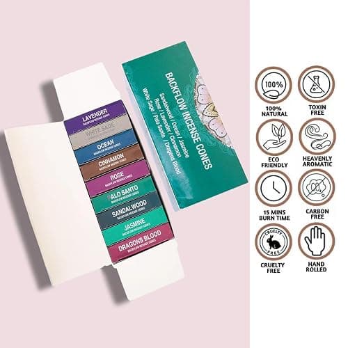 Set of 9 Backflow Incense Cones Gift Variety Pack - White Sage, Dragons Blood, Palo Santo, Jasmine, Lavender, Ocean, Sandalwood, Cinnamon, Rose for Waterfall Aromatic Smoke Fountain Haze Falls thumbnail 6