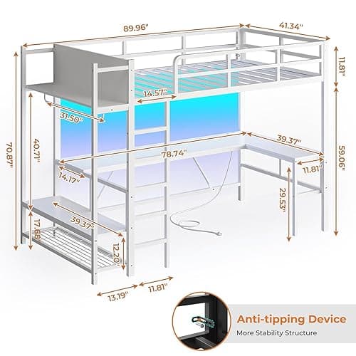Itaar Twin Loft Bed with L-Shaped Desk, LED Lights and Charging Sation, Loft Bed Twin Size with 3-Tier Storage Shelves and Clothes Rail, Safety Guard & Ladder, No Box Spring Needed, White - White thumbnail 2