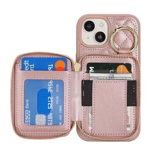 Hamany for iPhone 14 Case Wallet with Card Holder-Rose Gold | Phone case wallet with zipper with Slot Kickstand Stand Case for Women and Man 5G 6.1 Inch thumbnail 6