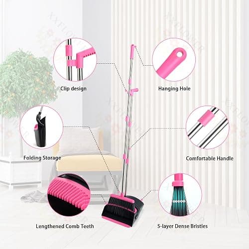 XXFLOWER Broom and Dustpan Set, Long Handle Lightweight Dustpans with Broom Combo for Home, Indoor&Outdoor Sweeping for Home Room Kitchen Office Lobby (Black Pink) thumbnail 6