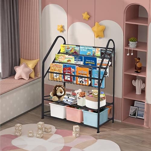 aboxoo Metal Kids Bookshelf Black Large Freestanding for Children Room 32 in Toy Organizer Large Stable Bookcase Bookstore Library Book Unit Storage Kids Bed Living Room thumbnail 4