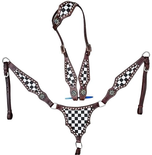 Western Tack Set Horse - Black and White Checkered Gladiator Design | Headstall and Breast Collar | Leather Horse Riding Tack for Barrel Racing, Rodeo & Show - Image 1