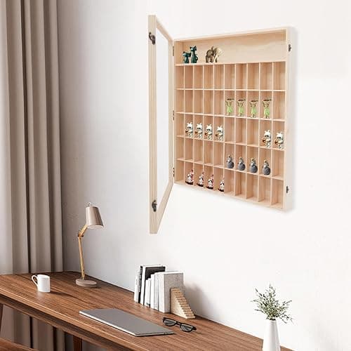 Wooden Wall Mount Display Case, Display Case with 50 Slots & One Shelf for Minifigures Action Figures, Display Cabinet Rack Holder Shadow Box with Acrylic Door Shot Glass Storage Case thumbnail 2