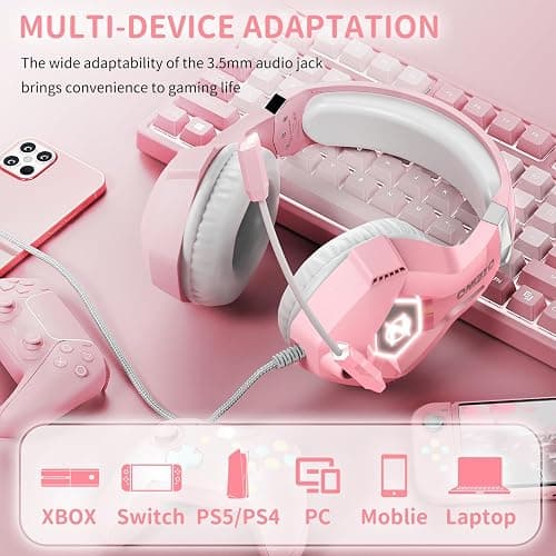 Ozeino Gaming Headset for PC, Ps4, Ps5, Xbox Headset with 7.1 Surround Sound, Gaming Headphones with Noise Cancelling Mic RGB Light Over Ear Headphones for Xbox Series X/S, Switch-Pink thumbnail 5