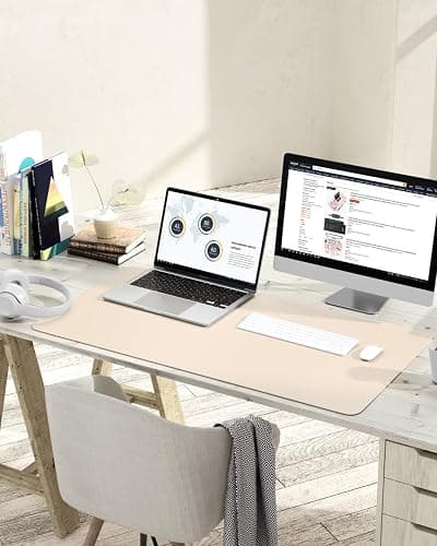 YSAGi Schreibtischunterlage, Mauspad mit Leder und Rutchfeste Wildleder, Multifunktionales Office Mousepad Laptop Schreibunterlage, Tischschutz Unterlage für Büro/Home-Office (Beige, 90x43cm) thumbnail 2