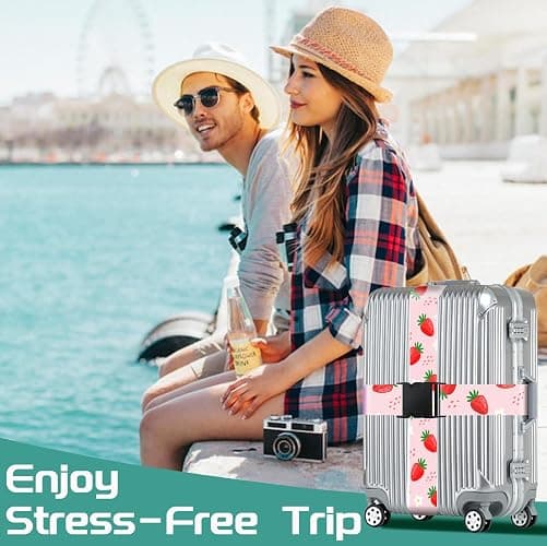 Slohif Luggage Straps for Suitcases Travel Belt Accessories Luggage Connector Identifiers 2 Pack Over Handle with Buckle Unique Nylon Adjustable Strap for Sleeping Bag Car Seat Lovely Strawberry thumbnail 7