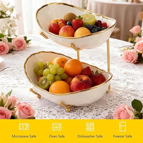 jessie 2 Tier Ceramic Fruit Bowl for Kitchen Counter with Metal Rack, Fruit Basket with Stand, Porcelain Bowls for Vegetable Bread Candy Snack Nuts Dessert Cake Tray (Gold 2 layer) thumbnail 6