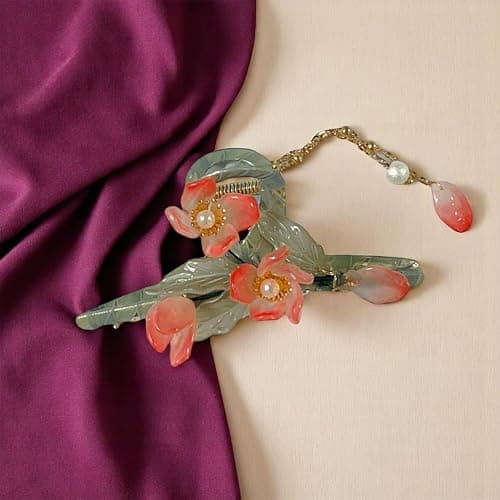 KEMMINTVN Colored Flowers Tassel Hair Claw Clips, Vintage Floral Hair Claw Clip, Orange Pearl Flower Design with Tassel, Large Flower Cross Metal Hair Clamps thumbnail 7