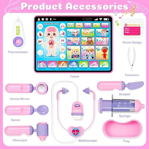 BainGesk Doctor Kit for Girls 3 Years Old, Doctor Tablet with Music & Sound, Pretend Play Doctor Set with Stethoscope, Doctor Dress Up Gifts for Kids Toddlers Ages 3-6 Years Old thumbnail 2