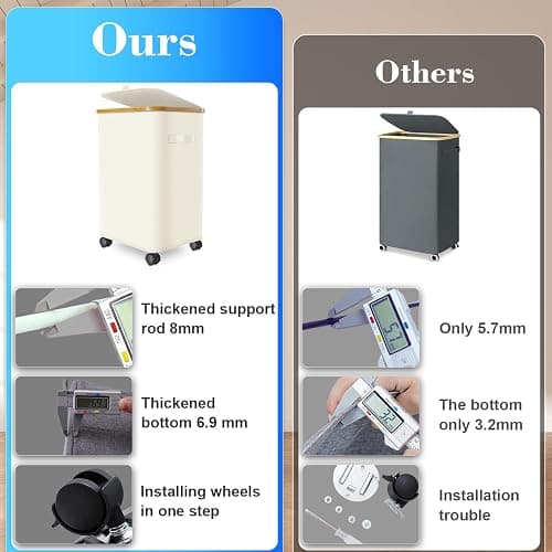 Laundry Hamper with Wheels,20 Gal (75L) Laundry Basket with lid Rolling Clothes Hamper Foldable Dirty Clothes Basket on wheels with Bamboo Frame and Bag for Bedroom, Dorm, Laundry Room-Off White thumbnail 6
