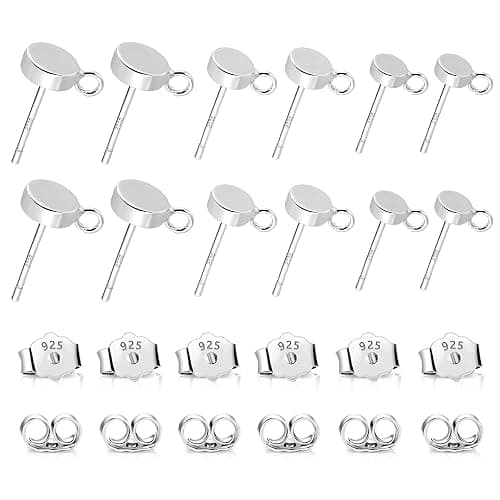 12Pcs Flat Sterling Silver Post with Earring Hook, 3/4/5mm Ear Studs with Loop Hypoallergenic 925 Sterling Silver Earrings Findings Dangle Studs Posts Butterfly Backs Supplies Jewelry Making Set - Image 1
