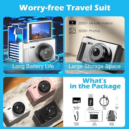 5K Digital Camera, 75MP Vlogging Camera with 64GB SD Card, 2.8'' 180° Flip Screen, 18X Digital Zoom, AF Autofocus, Antishake, Flash, Compact Point and Shoot Digital Cameras for Beginners Teens Adults thumbnail 7