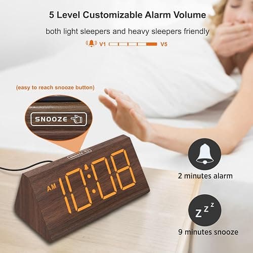 DreamSky Wooden Digital Alarm Clocks for Bedrooms - Electric Desk Clock with Large Numbers, USB Port, Loud Alarm for Heavy Sleepers, Adjustable Volume, Dimmer, Snooze, DST, Wood Décor, Adapter Powered thumbnail 7