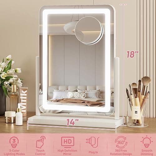 Suidia Vanity Mirror with Lights, 18"×14" LED Makeup Mirror with Light, Smart Touch with 3-Color Lighting, 360°Ratation for Vanity Desk Tabletop,White,Lamp Belt Style thumbnail 2