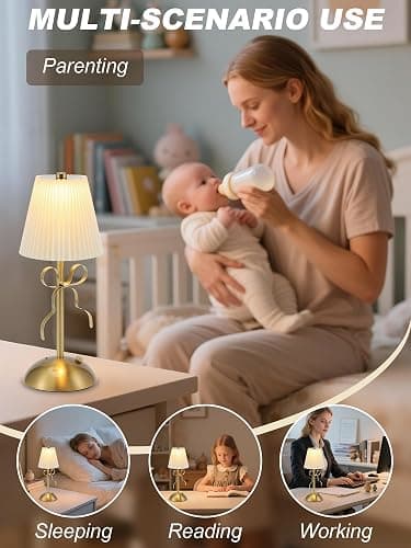 CryzhalinX Cordless Table Lamp,Small Desk Lamp with 3 Color,Touch Dimmable Bedsdie Lamps,Bow Lamp with Fabric Shade,LED Night Light for Girls Room Princess Room Decor(Gold) thumbnail 8