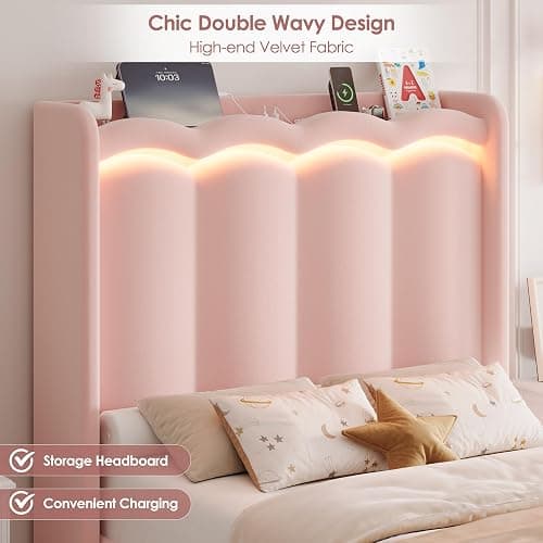 HIFIT Pink Velvet Twin Bed Frame with LED&Charging Station&Storage Drawer | Twin Size Princess Bed for Girls, Camas Twin with Double Wavy Shaped Wingback Headboard, Solid Frame, No Box Spring Needed thumbnail 7