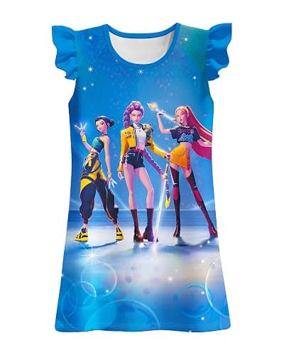 Girls Demon Hunter Dress Flutter Sleeve Kids Clothes Singer Printed Summer 5-12Y - Blue Green - 9-10 Years thumbnail 2