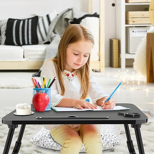 Zapuno Foldable Laptop Bed Table Multi-Function Lap Bed Tray Table with Storage Drawer and Water Bottle Holder, Serving Tray Dining Table with Slot for Eating, Working on Bed/Couch/Sofa (Arc Shape) - Beige1 thumbnail 3
