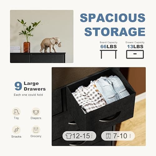 DUMOS Dresser for Bedroom, Storage Organizer with 9 Drawers, Chest of Drawers with Fabric Bins, Sturdy Metal Frame, Wood Tabletop for Guest Room, Closet, Entryway, Black thumbnail 4