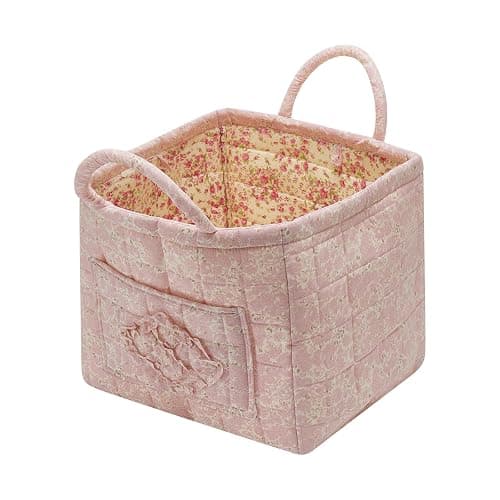 Boho Fabric Storage Basket Quilted Floral Print Baskets Organizer Bin with Handles for Home, Picnic, Shopping (Pink, L) - Image 1