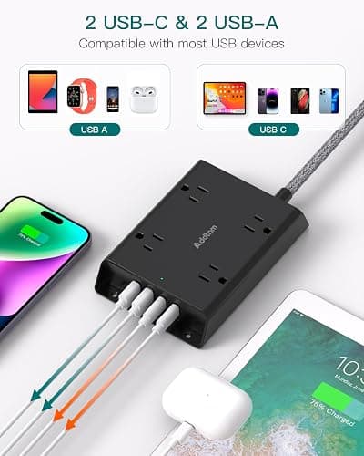 Surge Protector Power Strip, Addtam 5 ft Flat Plug Extension Cord with 4 USB Wall Charger(2 USB C Port), 4 Widely Outlets Desk Charging Station, Home Office and College Dorm Room Essentials, Black thumbnail 5