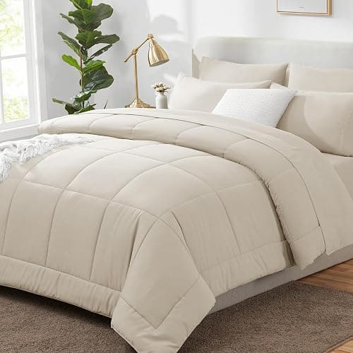 CozyLux Twin XL Comforter Set Beige, 5 Pieces Twin Extra Long Bed in a Bag for College Dorm, All Season Bedding Set with Stitch Quilted Comforter, Flat Sheet, Fitted Sheet, Pillowcases - Image 1