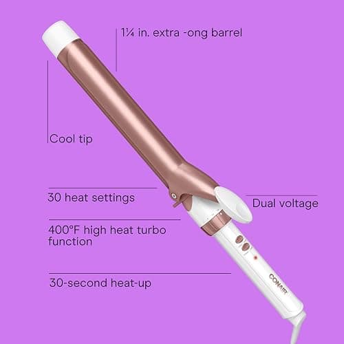 Conair Double Ceramic 1 1/4-Inch Curling Iron, 1-1/4 Inch Extra-Long Barrel Hair Curling Iron, 30 Heat Settings, Turbo Heat, Auto Off, Cool Tip, Dual Voltage, Rose Gold thumbnail 2