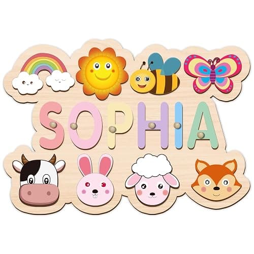Name Puzzle for Kids Personalized, Custom Wooden Name Animal Puzzle, Montessori Learning Toys for Toddler 1-3, First Birthday Gifts for Girls&Boys - Image 1