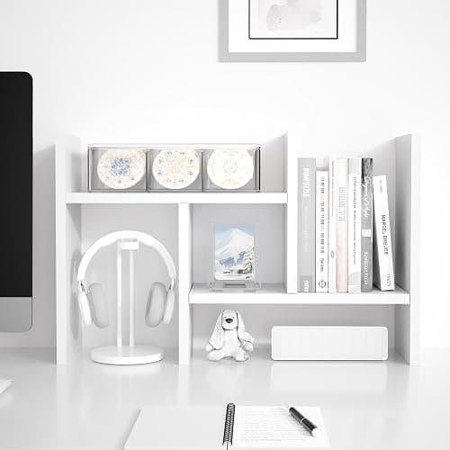 Jerry & Maggie Desktop Organizer Office Storage Rack Adjustable Wood Display Shelf Free Style Double H, Multi-Functional Mini Bookshelf for Desk Natural Stand (White) thumbnail 7